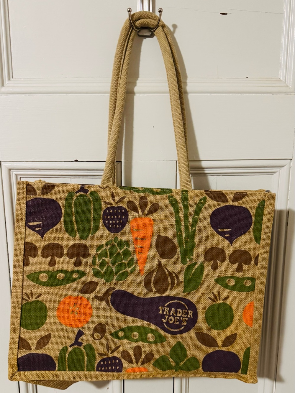 Trader Joe's Natural Jute Tote with Green, Purple & Orange Vegetable Print